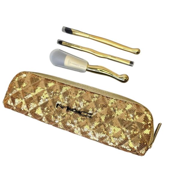 MAC Cosmetics Golden Touch Mini Makeup Brush Kit Set (3 Brushes + 1 Bag) - Picture 1 of 16